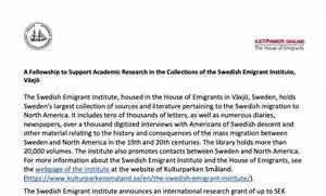 Research Fellowship at the Swedish Emigrant Institute (Växjö)