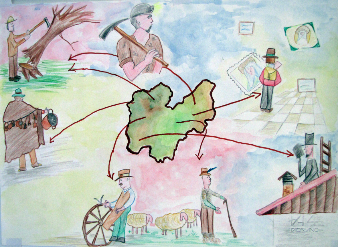 I lavori legati all’emigrazione stagionale dal Trentino, disegno di un alunno della scuola elementare di Cogolo di Peio