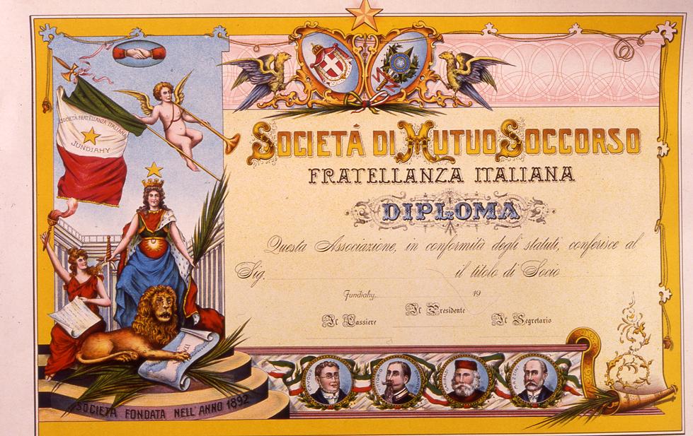 Diploma di associazione alla “Fratellanza Italiana”, fondata nel 1892